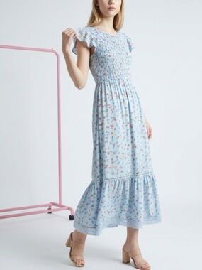 Allegra K Sky Blue Floral Smocked Midi Dress with Ruffle Hem